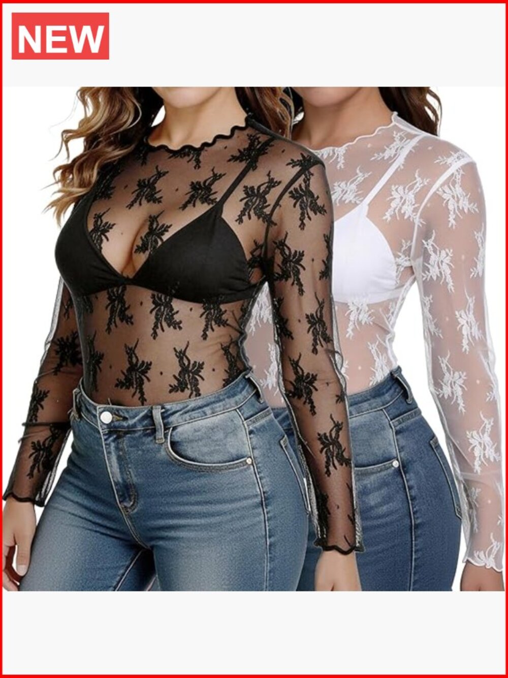Mesh Long-Sleeve Top 2-Pack, Sheer Tulle Blouse, Sexy Lace Shirts, Party Tops